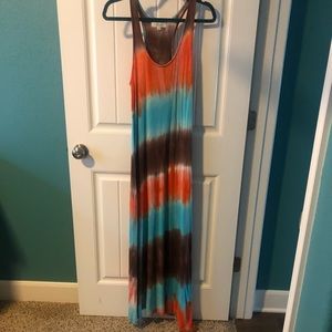 Orange, blue, and brown sleeveless maxi dress